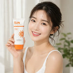 A smiling woman in a white tank top holds up a tube of sunscreen. The tube is white with orange text and graphics, reading 'SUN' and 'SPF30'.