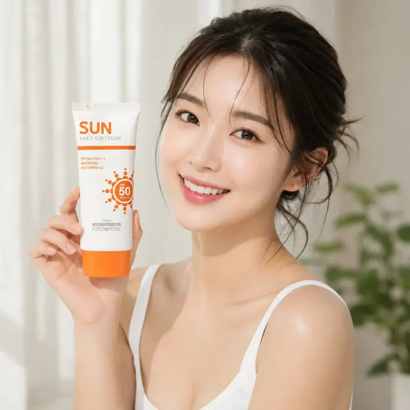 A smiling woman in a white tank top holds up a tube of sunscreen. The tube is white with orange text and graphics, reading 'SUN' and 'SPF30'.