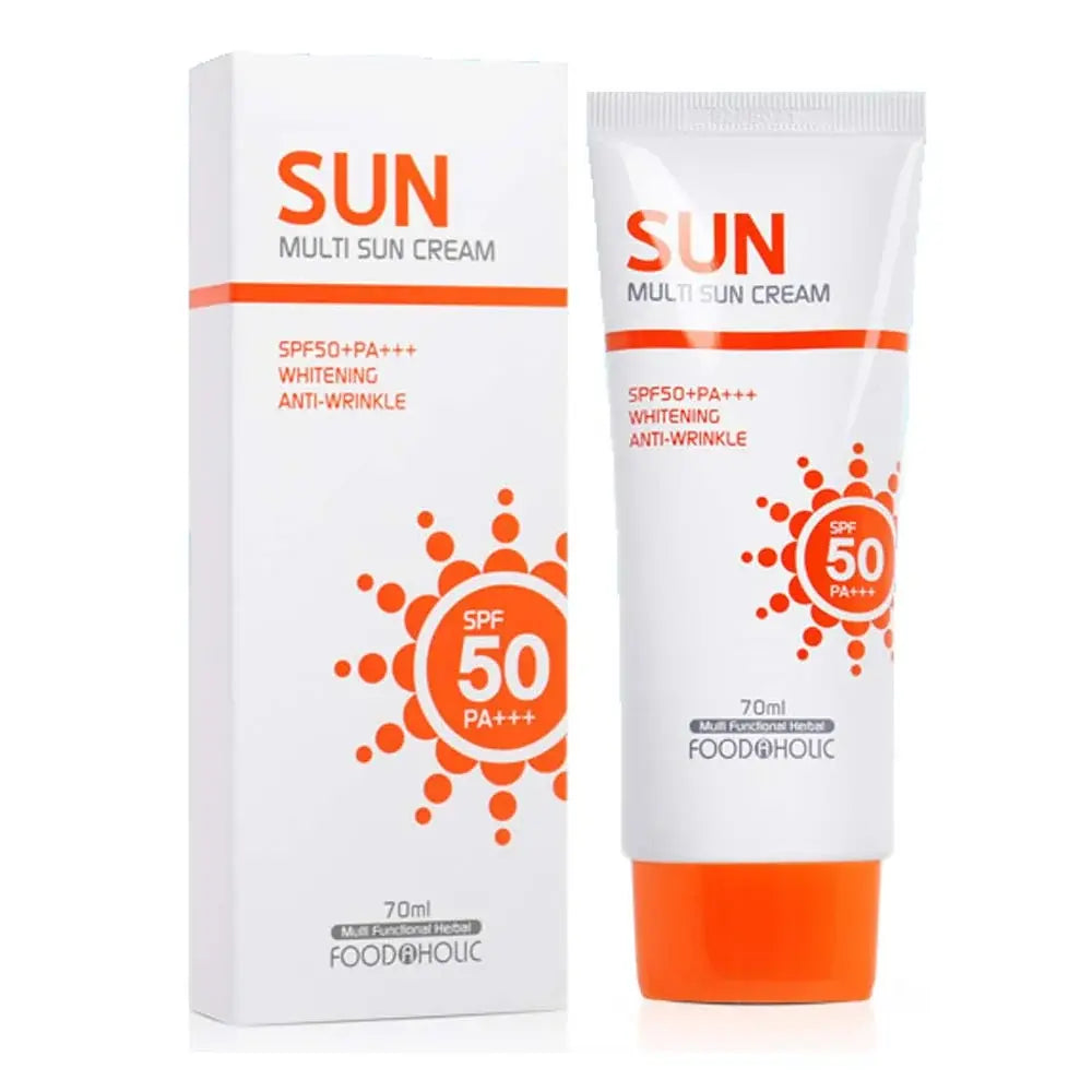 A 70ml tube and matching box of FOOD@HOUIC SUN Multi Sun Cream SPF 50+ PA+++ featuring a white design with orange text and graphic accents.